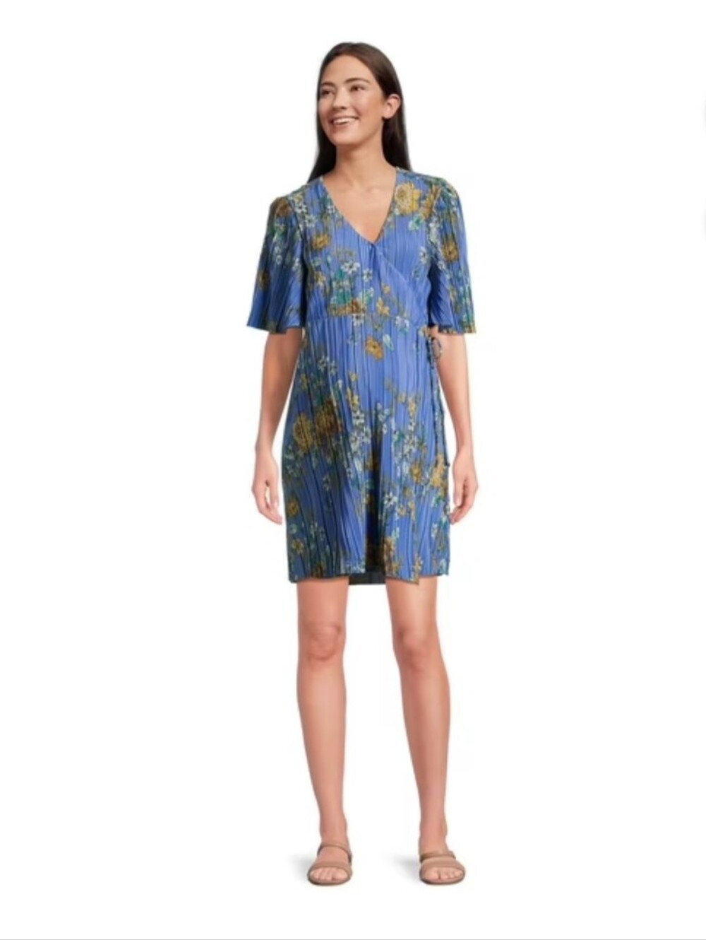 Destination Maternity Flutter Sleeve Wrap Dress Floral Blue SZ Small Summery